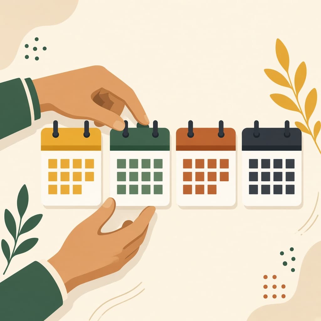 Hands arranging four calendars in gold, green, clay, and charcoal.