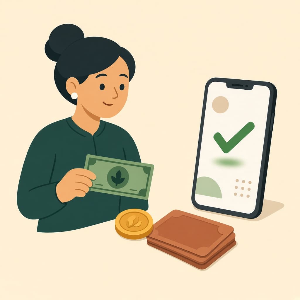 A leader holding cash beside a phone that shows a payment recorded.